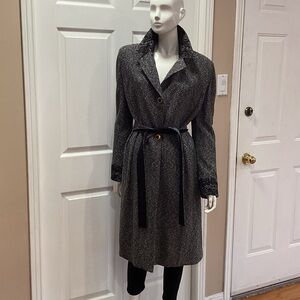 St. John Couture Black and White Woven Fabric Belted Coat